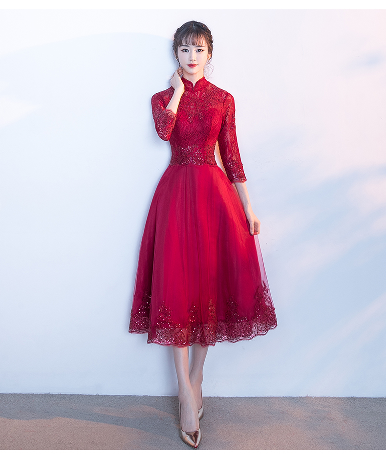 家佳樂文學紅色中式禮服，長袖修身晚禮服