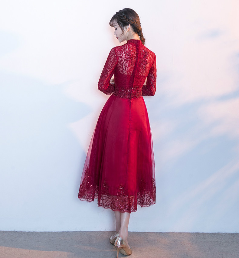 家佳樂文學紅色中式禮服，長袖修身晚禮服