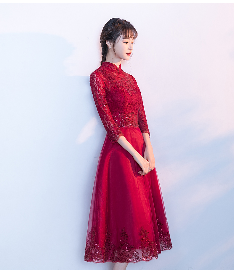 家佳樂文學紅色中式禮服，長袖修身晚禮服