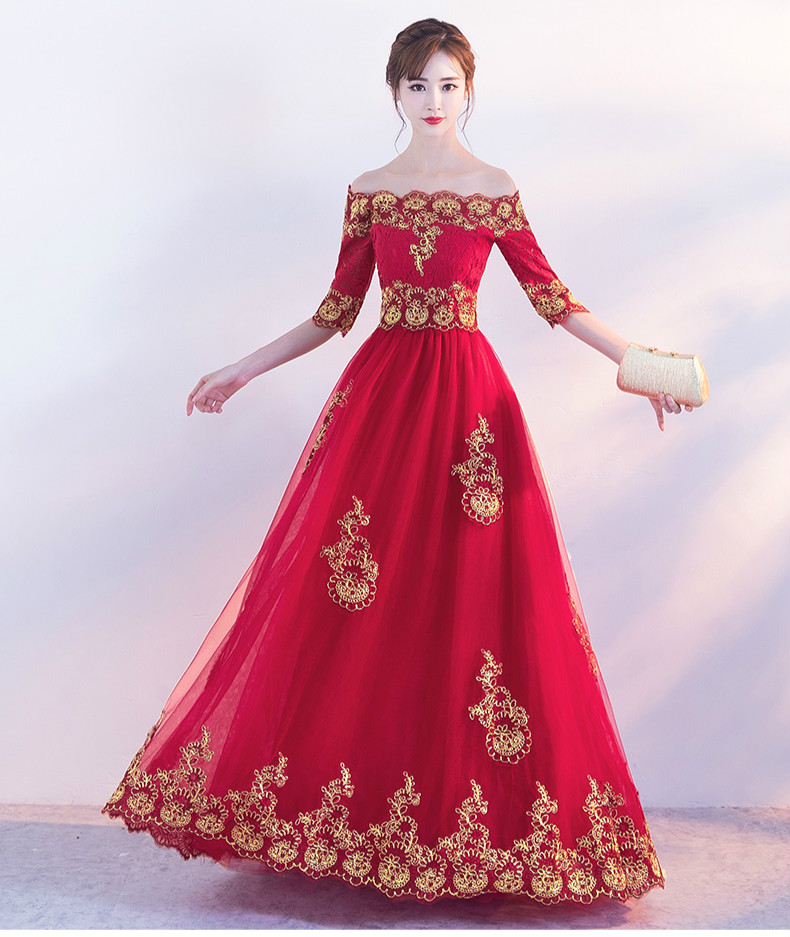 時(shí)尚一字肩中式禮服，紅色復(fù)古蕾絲晚禮服