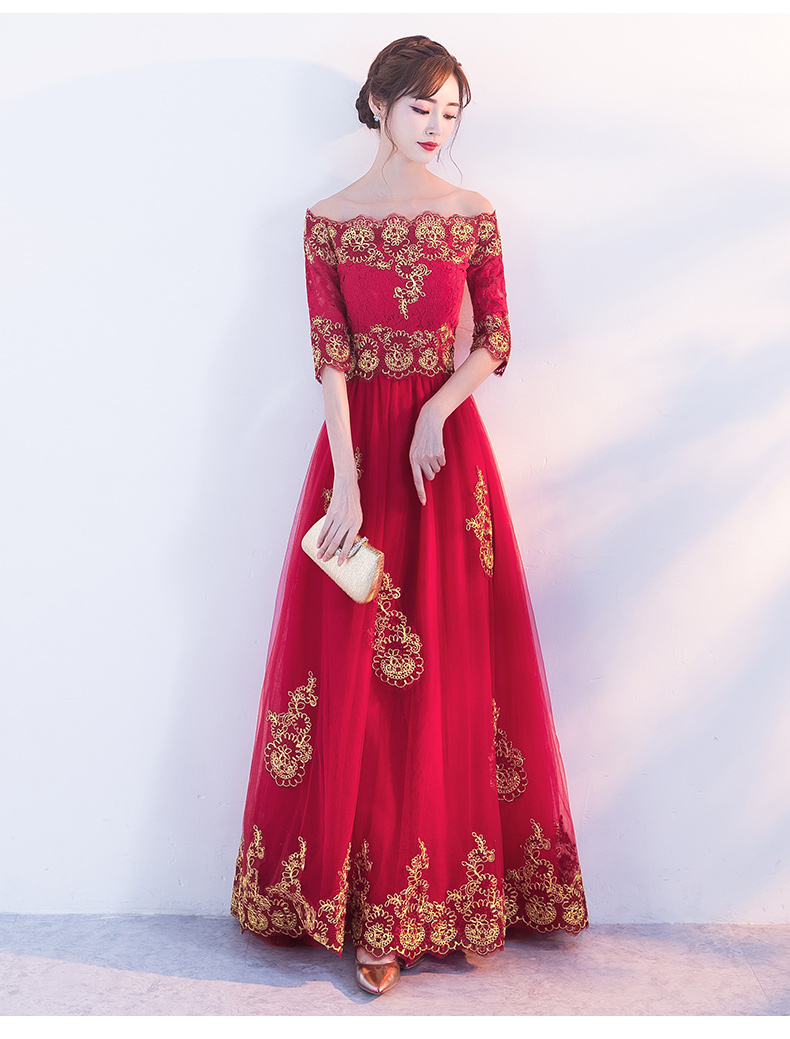 時(shí)尚一字肩中式禮服，紅色復(fù)古蕾絲晚禮服
