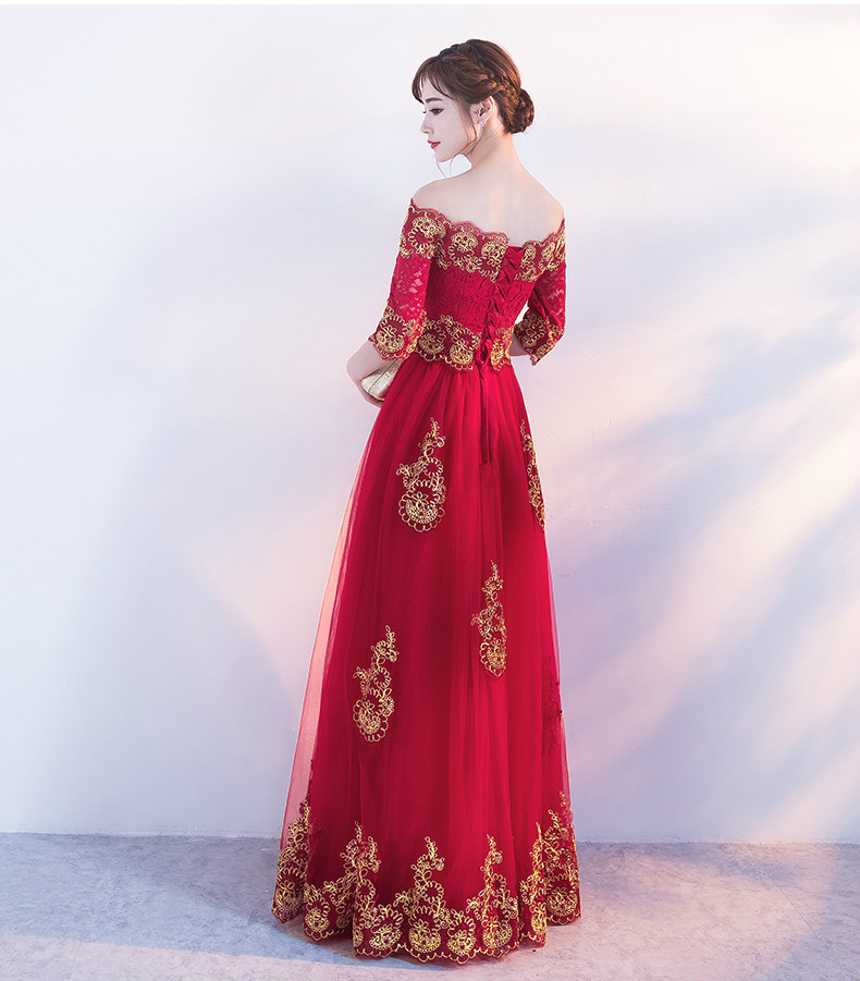 時(shí)尚一字肩中式禮服，紅色復(fù)古蕾絲晚禮服