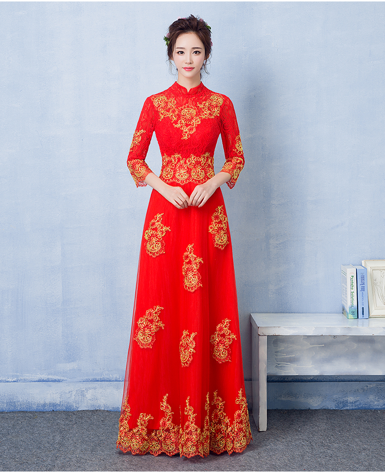 家佳樂文學蕾絲刺繡中式禮服，紅色復(fù)古新娘晚禮服