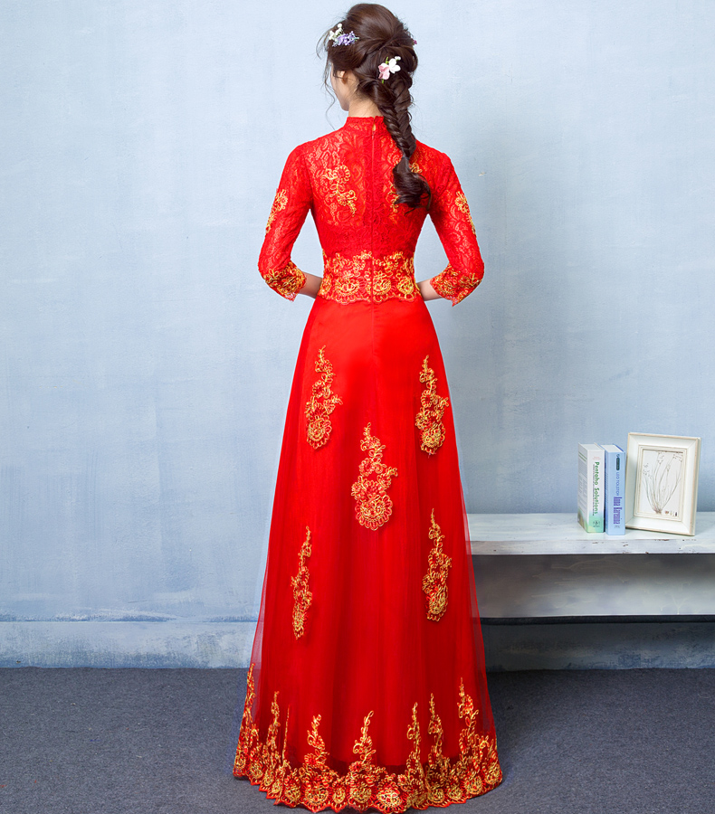 家佳樂文學蕾絲刺繡中式禮服，紅色復(fù)古新娘晚禮服