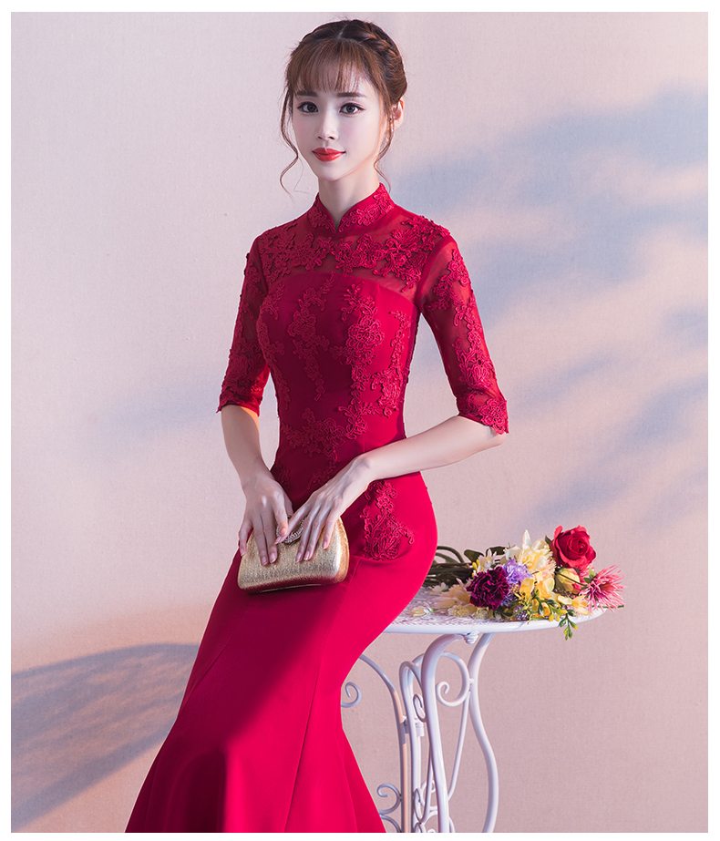 時尚家佳樂文學(xué)中式禮服，紅色蕾絲花朵魚尾晚禮服