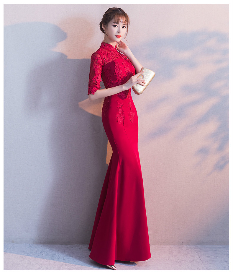 時尚家佳樂文學(xué)中式禮服，紅色蕾絲花朵魚尾晚禮服