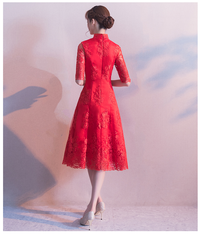 中袖立領(lǐng)中式禮服，復(fù)古家佳樂文學(xué)紅色晚禮服