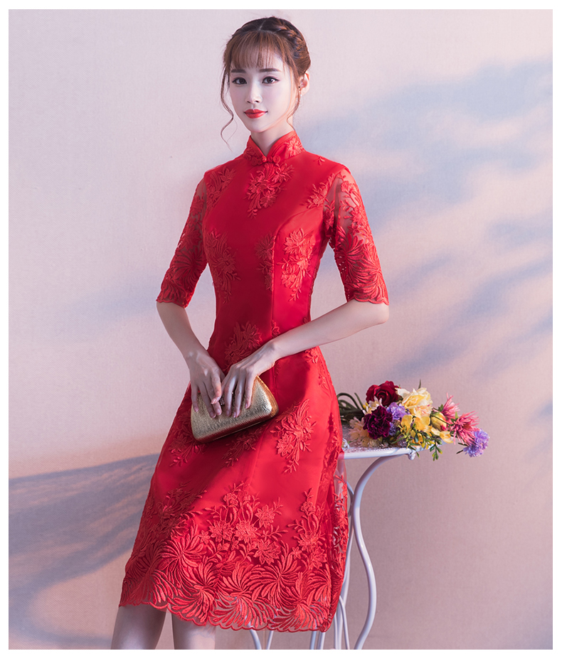 中袖立領(lǐng)中式禮服，復(fù)古家佳樂文學(xué)紅色晚禮服