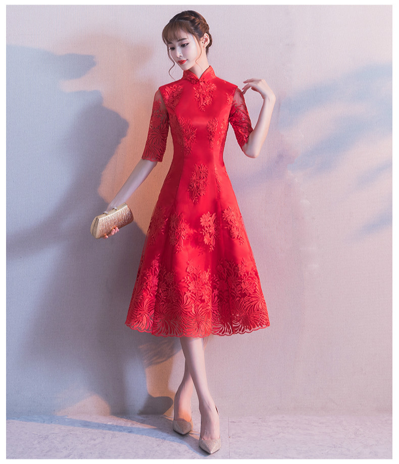 中袖立領(lǐng)中式禮服，復(fù)古家佳樂文學(xué)紅色晚禮服