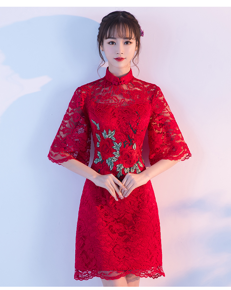 復(fù)古蕾絲敬酒服，紅色花朵中式禮服