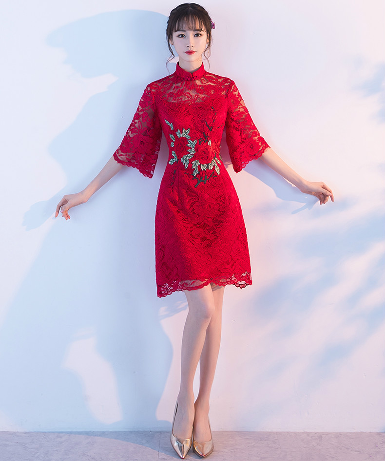 復(fù)古蕾絲敬酒服，紅色花朵中式禮服
