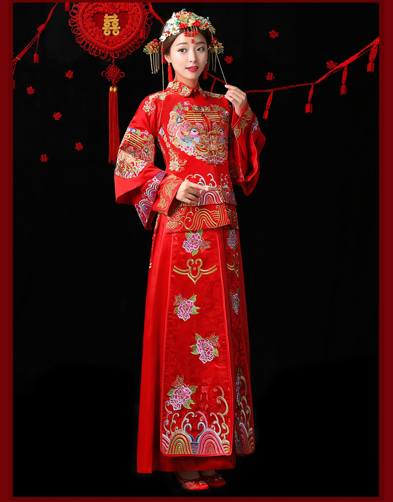 古典家佳樂文學(xué)中式禮服，紅色結(jié)婚新娘禮服