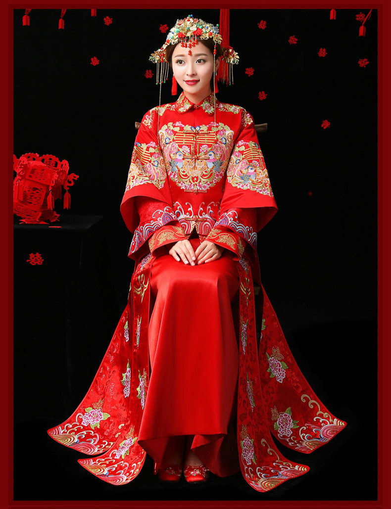 古典家佳樂文學(xué)中式禮服，紅色結(jié)婚新娘禮服
