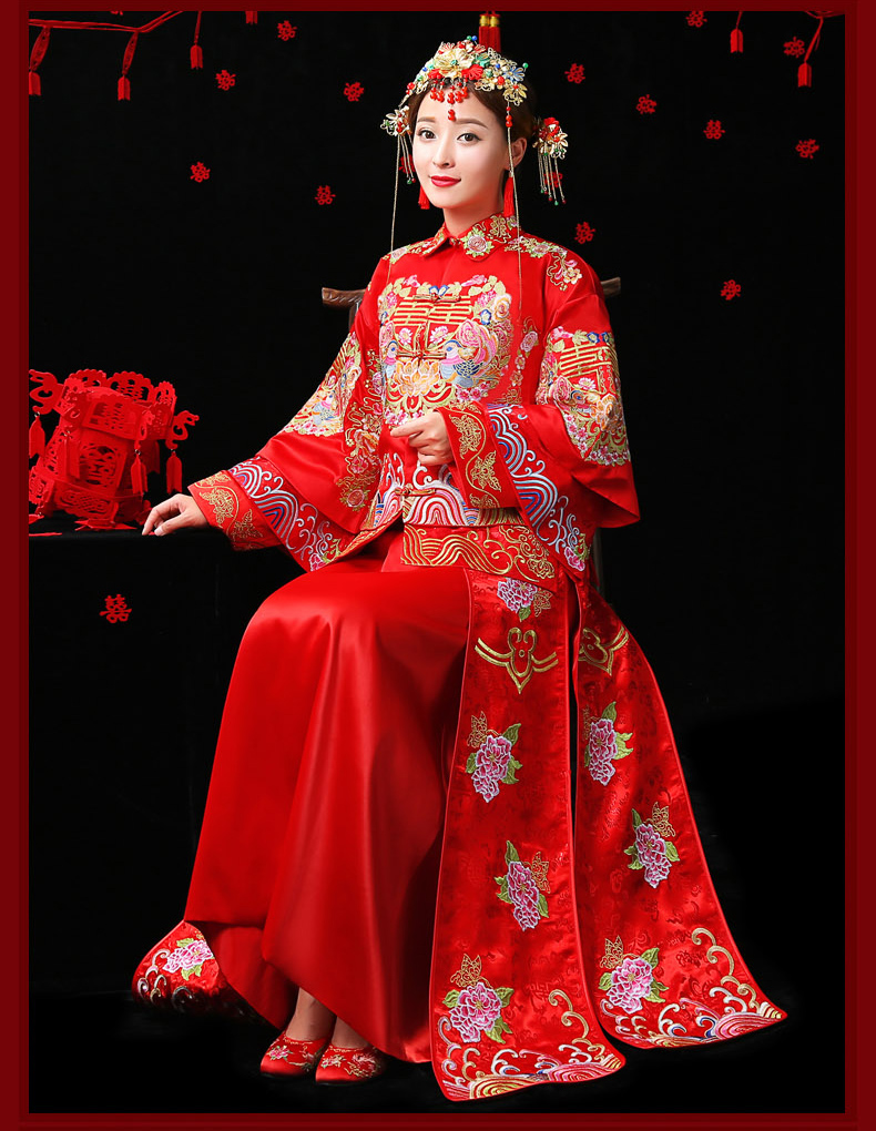古典家佳樂文學(xué)中式禮服，紅色結(jié)婚新娘禮服