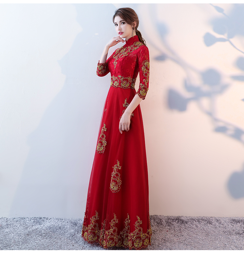端莊典雅中式禮服，紅色蕾絲長款晚禮服