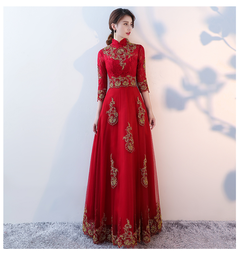 端莊典雅中式禮服，紅色蕾絲長款晚禮服