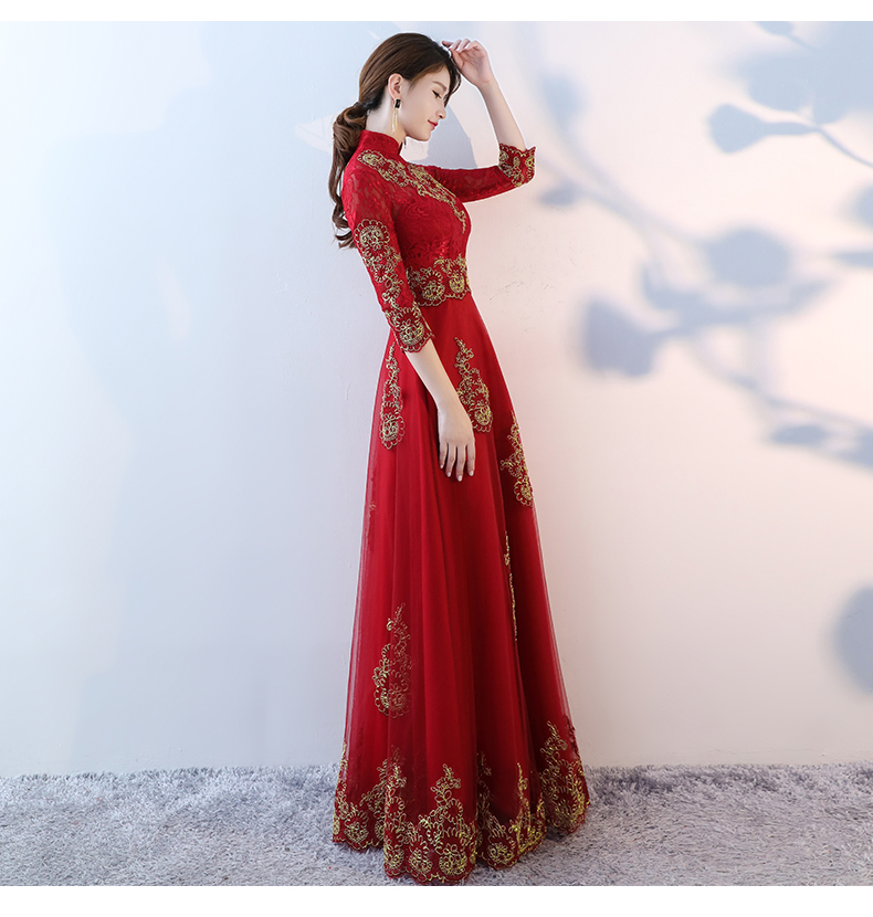 端莊典雅中式禮服，紅色蕾絲長款晚禮服