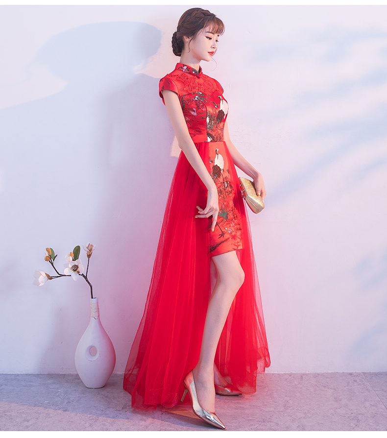 家佳樂文學(xué)紅色蕾絲中式禮服，時(shí)尚古典仙鶴晚禮服