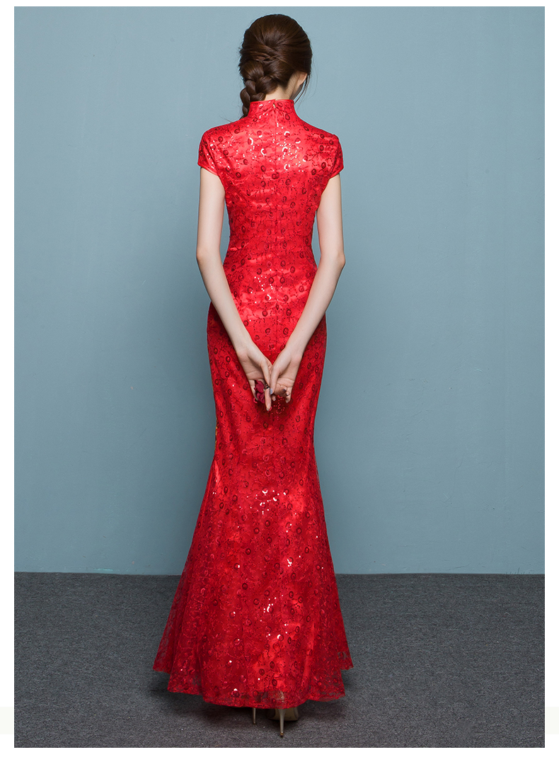 家佳樂文學(xué)魚尾中式禮服，紅色蕾絲繡花晚禮服