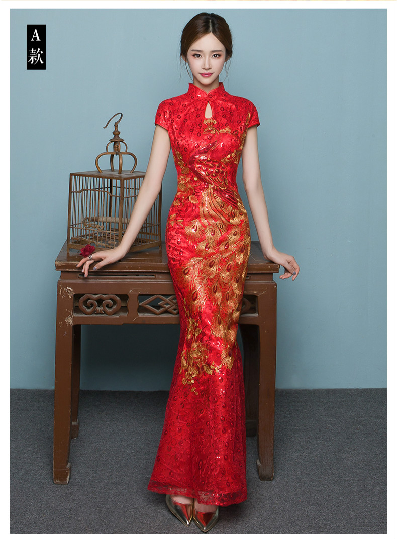 家佳樂文學(xué)魚尾中式禮服，紅色蕾絲繡花晚禮服