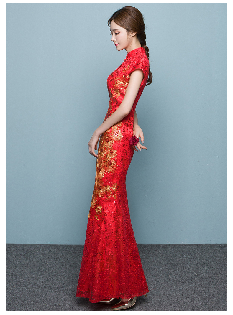 家佳樂文學(xué)魚尾中式禮服，紅色蕾絲繡花晚禮服