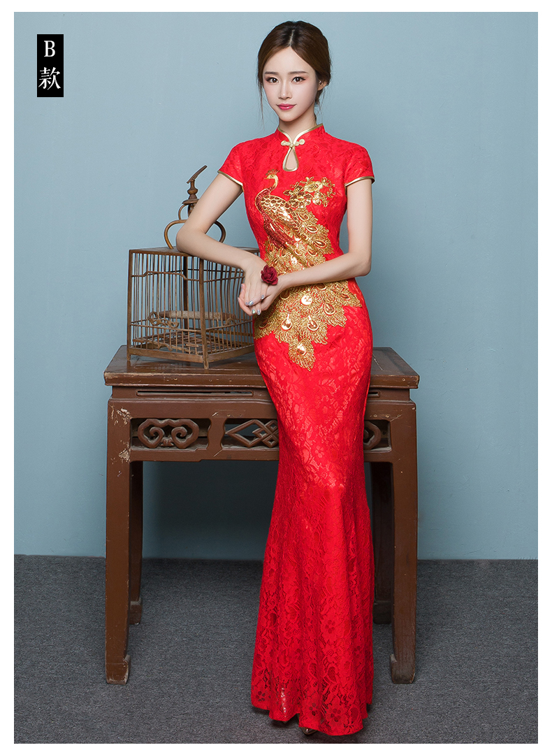 家佳樂文學(xué)魚尾中式禮服，孔雀繡花晚禮服