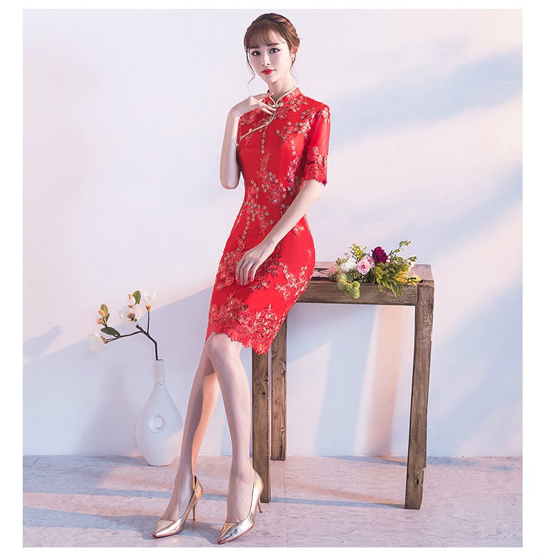 典雅復古唯美中式禮服，短款奢華中式繡花旗袍