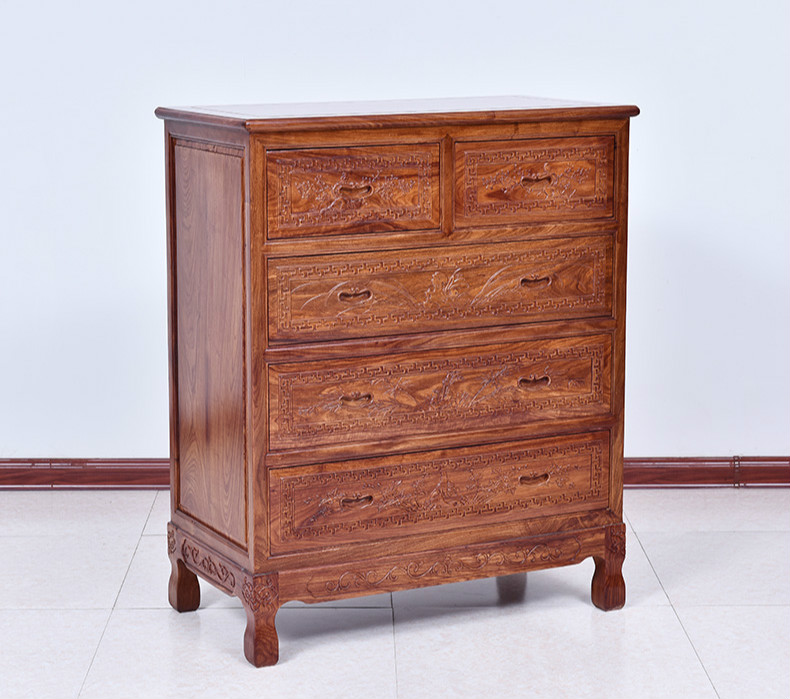 古典雕花五斗柜，仿古花梨木中式柜子