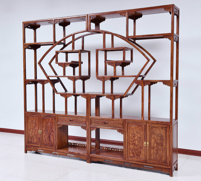 紅實(shí)木中式博古架，仿古實(shí)木雕花博古架
