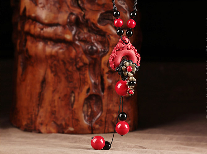 家佳樂文學朱砂吊墜毛衣鏈復古紅色項鏈