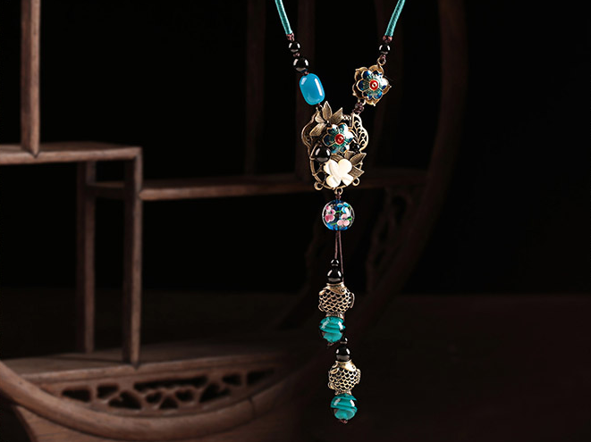 疏影怡芳家佳樂文學(xué)毛衣鏈復(fù)古藍色項鏈