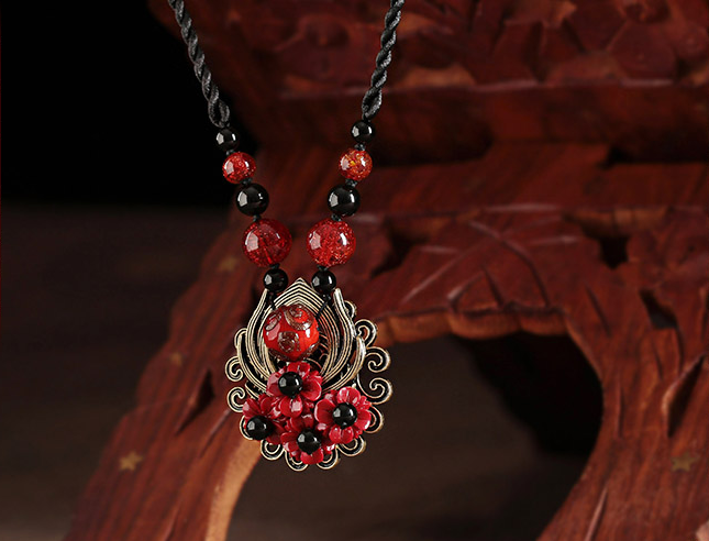 香艷復(fù)古家佳樂文學(xué)毛衣鏈紅色琉璃吊墜項鏈