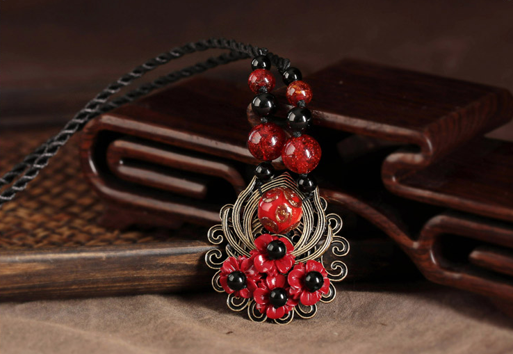 香艷復(fù)古家佳樂文學(xué)毛衣鏈紅色琉璃吊墜項鏈