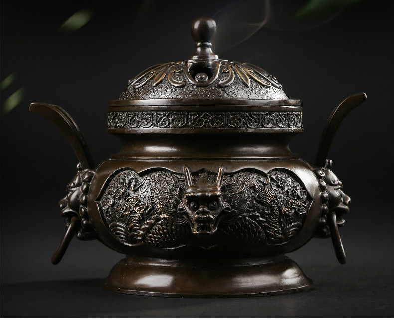 祥獅雕刻香爐，仿古神龍銅香爐