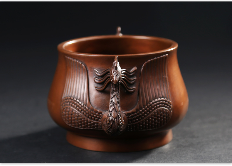 紫銅雙鳳耳香爐，仿古無(wú)蓋熏香爐