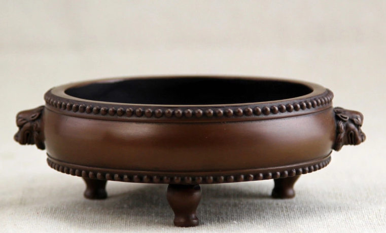 紫銅獅首耳鼓式香爐，簡約無蓋熏香爐