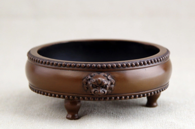 紫銅獅首耳鼓式香爐，簡約無蓋熏香爐