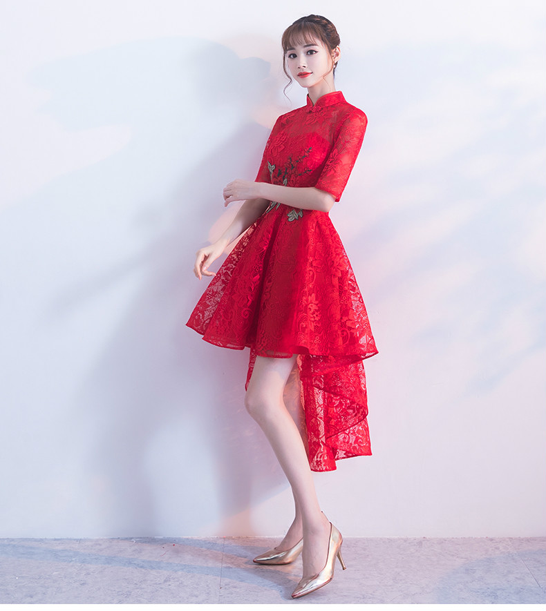 時尚蕾絲中式禮服，前長后短紅色晚禮服