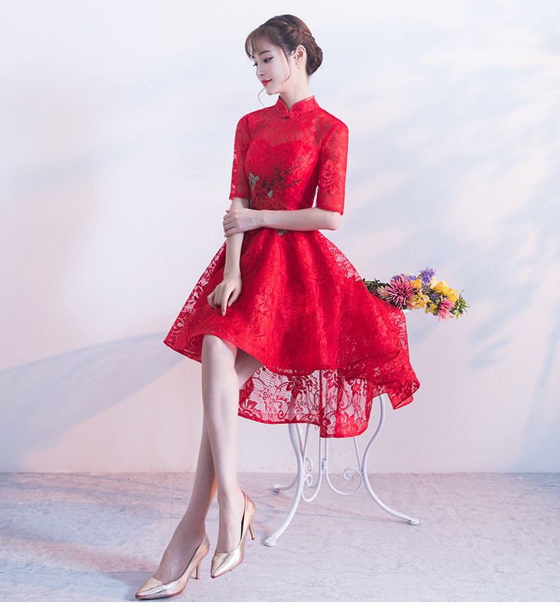 時尚蕾絲中式禮服，前長后短紅色晚禮服
