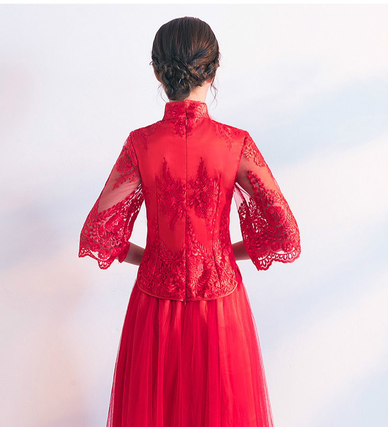 蕾絲繡花中式禮服，秀禾服紅色婚紗新娘禮服