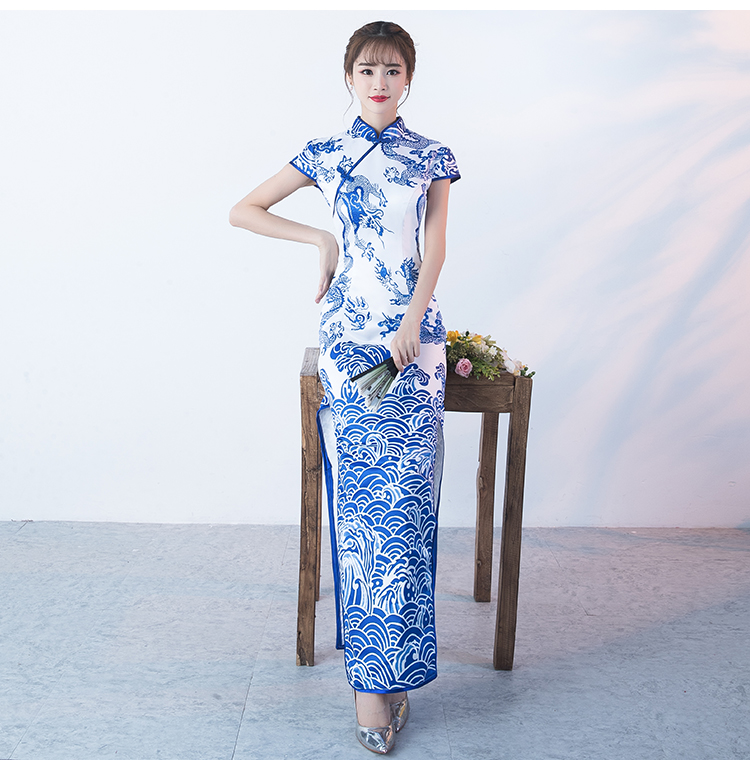 時(shí)尚青花瓷旗袍，復(fù)古優(yōu)雅旗袍裙