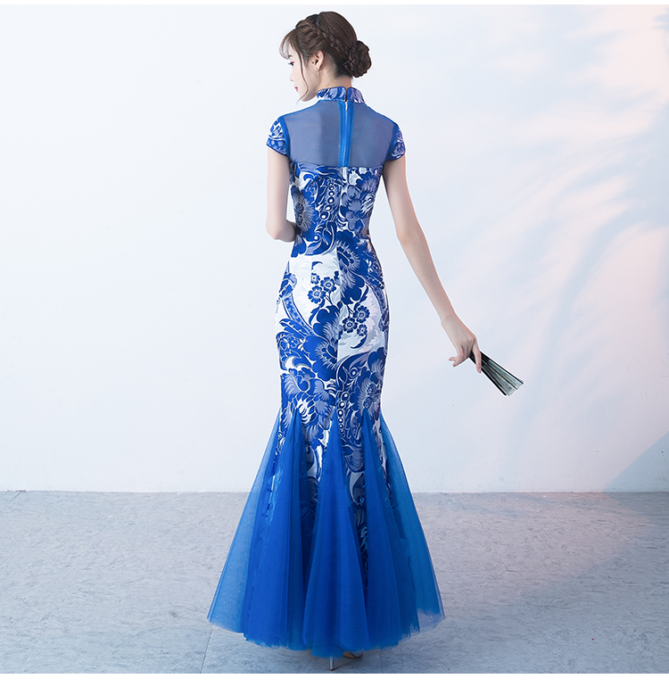 家佳樂文學(xué)青花瓷旗袍，復(fù)古優(yōu)雅魚尾旗袍裙