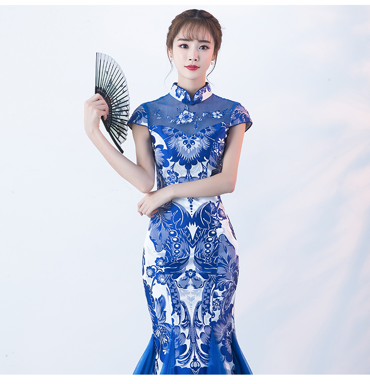 家佳樂文學(xué)青花瓷旗袍，復(fù)古優(yōu)雅魚尾旗袍裙