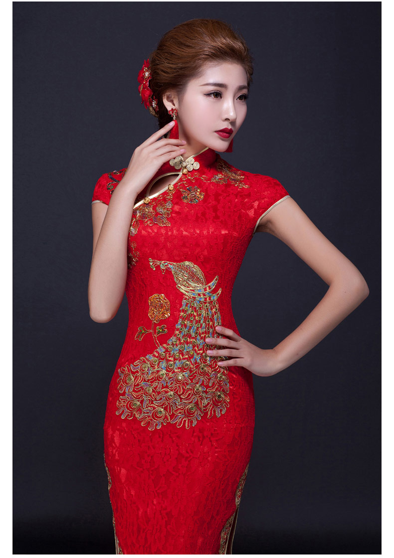 家佳樂文學(xué)鳳凰刺繡旗袍，復(fù)古紅色斜襟開叉旗袍裙