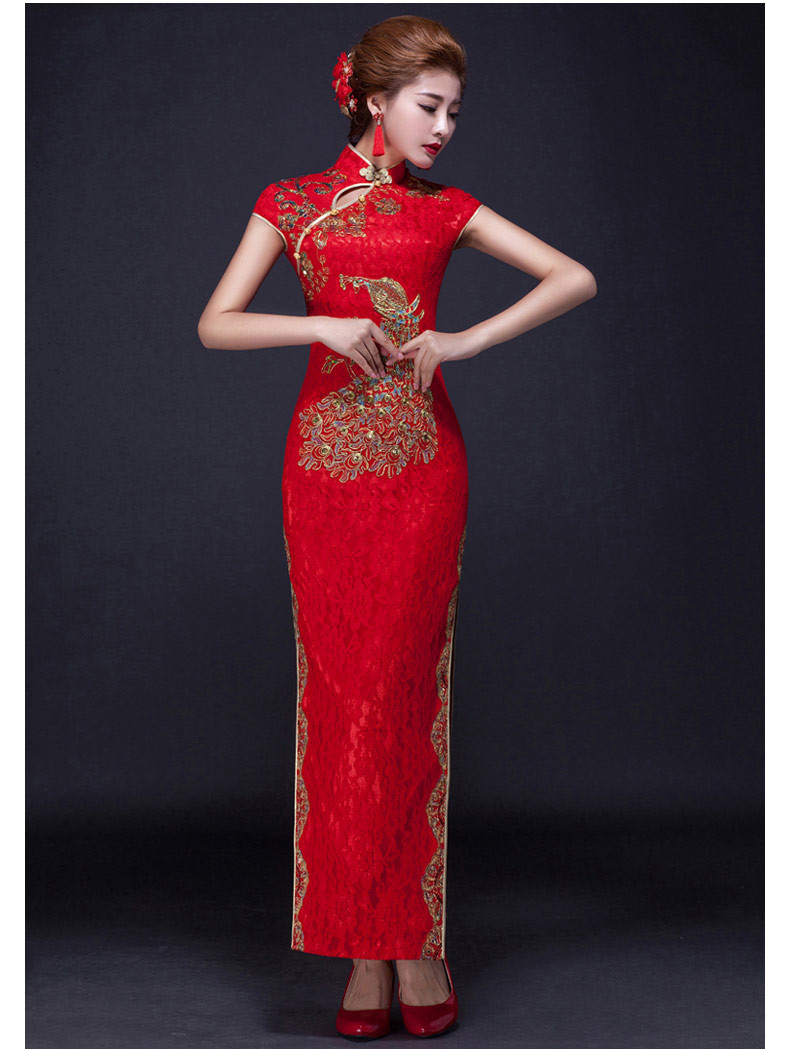家佳樂文學(xué)鳳凰刺繡旗袍，復(fù)古紅色斜襟開叉旗袍裙