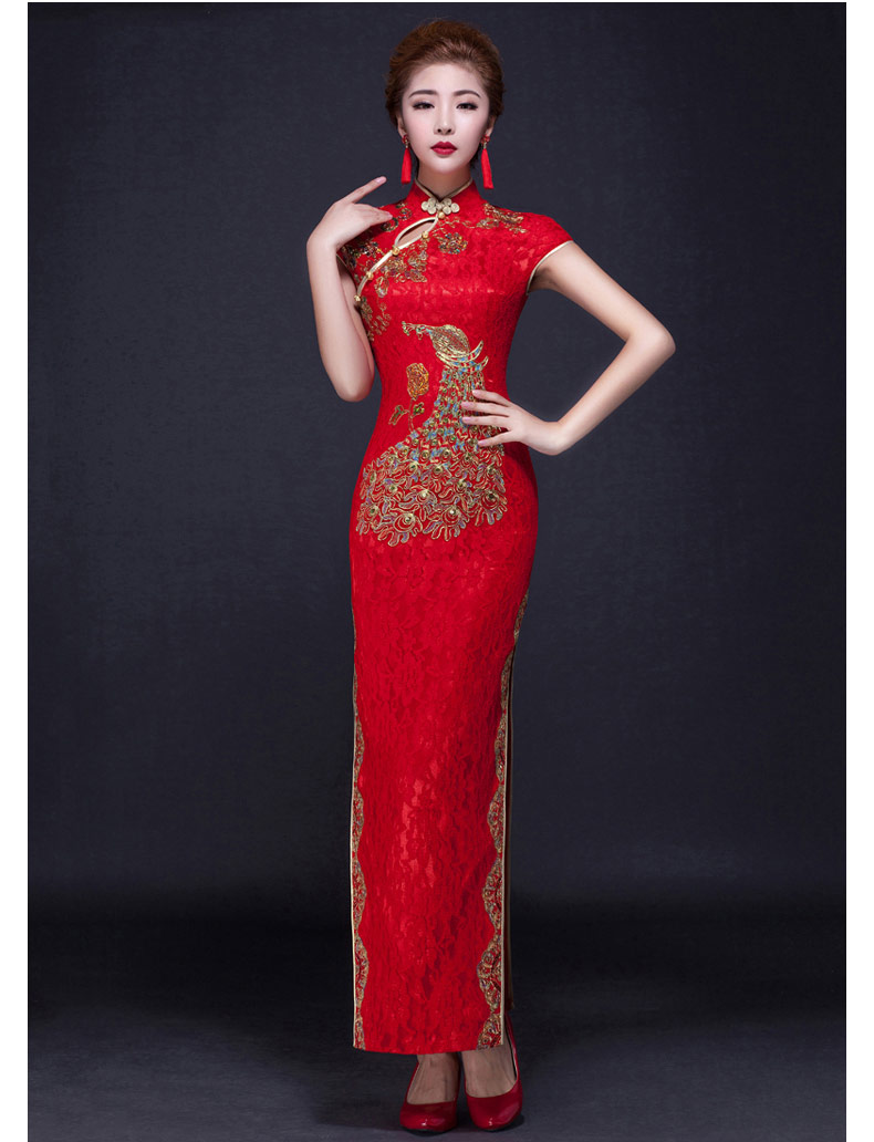 家佳樂文學(xué)鳳凰刺繡旗袍，復(fù)古紅色斜襟開叉旗袍裙