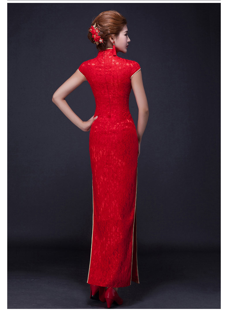 家佳樂文學(xué)鳳凰刺繡旗袍，復(fù)古紅色斜襟開叉旗袍裙