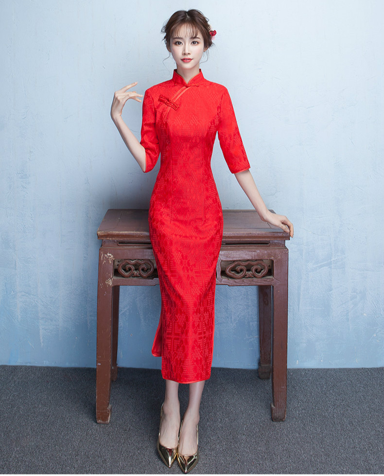 簡約時(shí)尚中袖旗袍，復(fù)古紅色旗袍裙