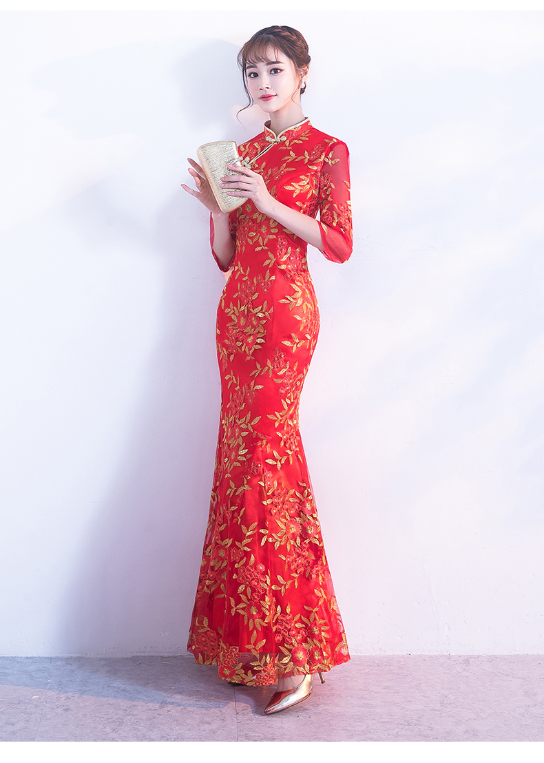 金絲葉子繡花旗袍，復(fù)古紅色旗袍裙