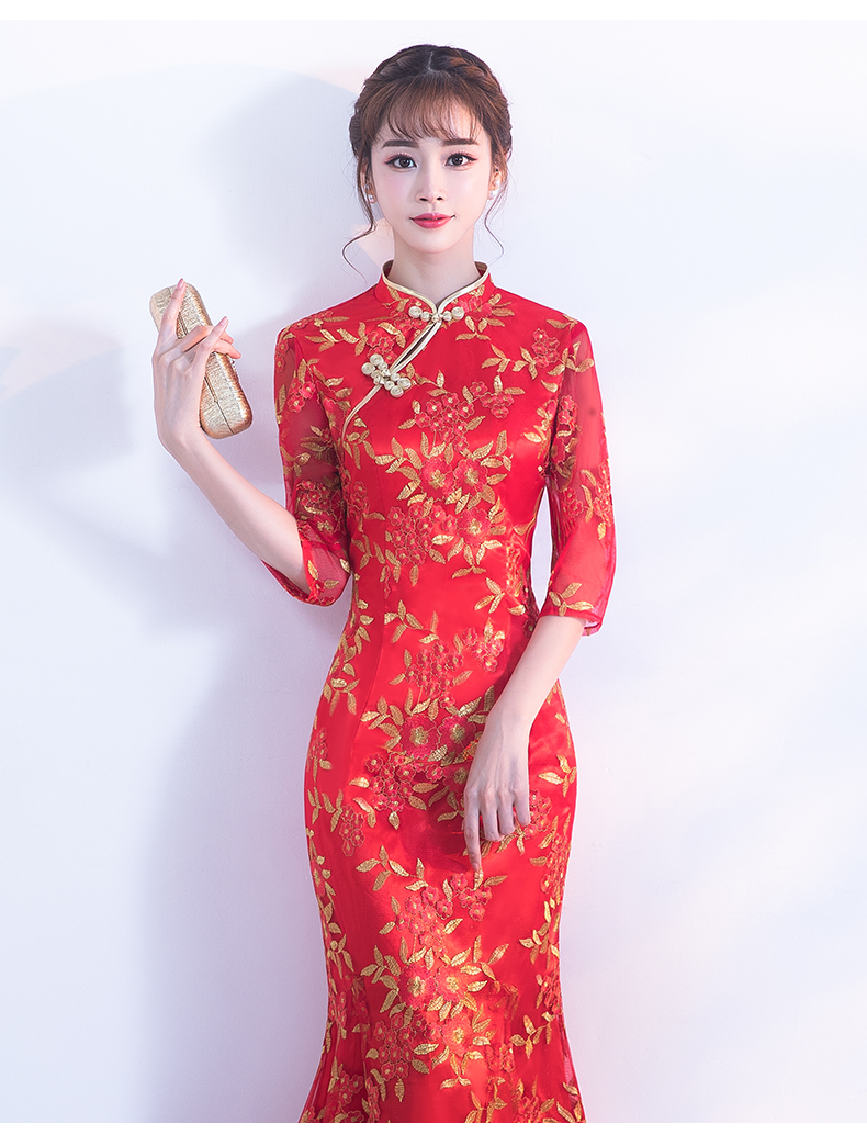 金絲葉子繡花旗袍，復(fù)古紅色旗袍裙